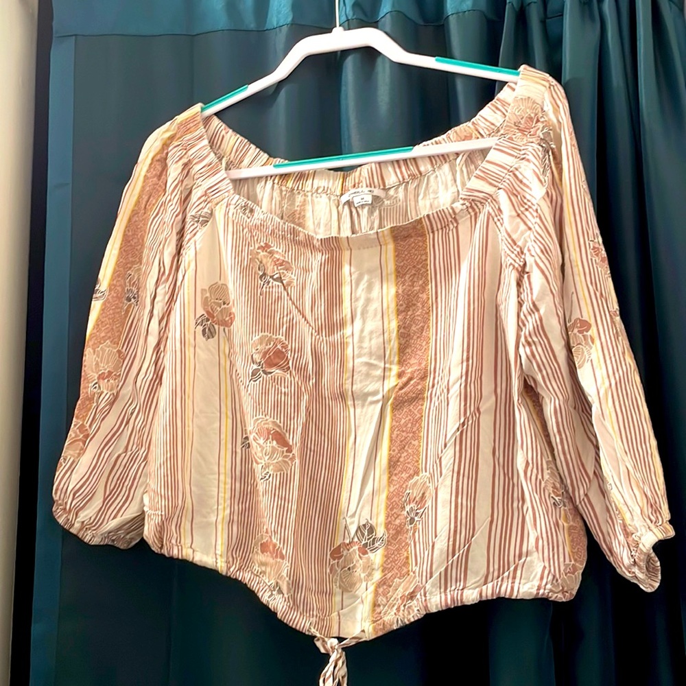 O’Neill 3/4 sleeve crop top with tie at waist,off-shoulder,floral/stripe pattern